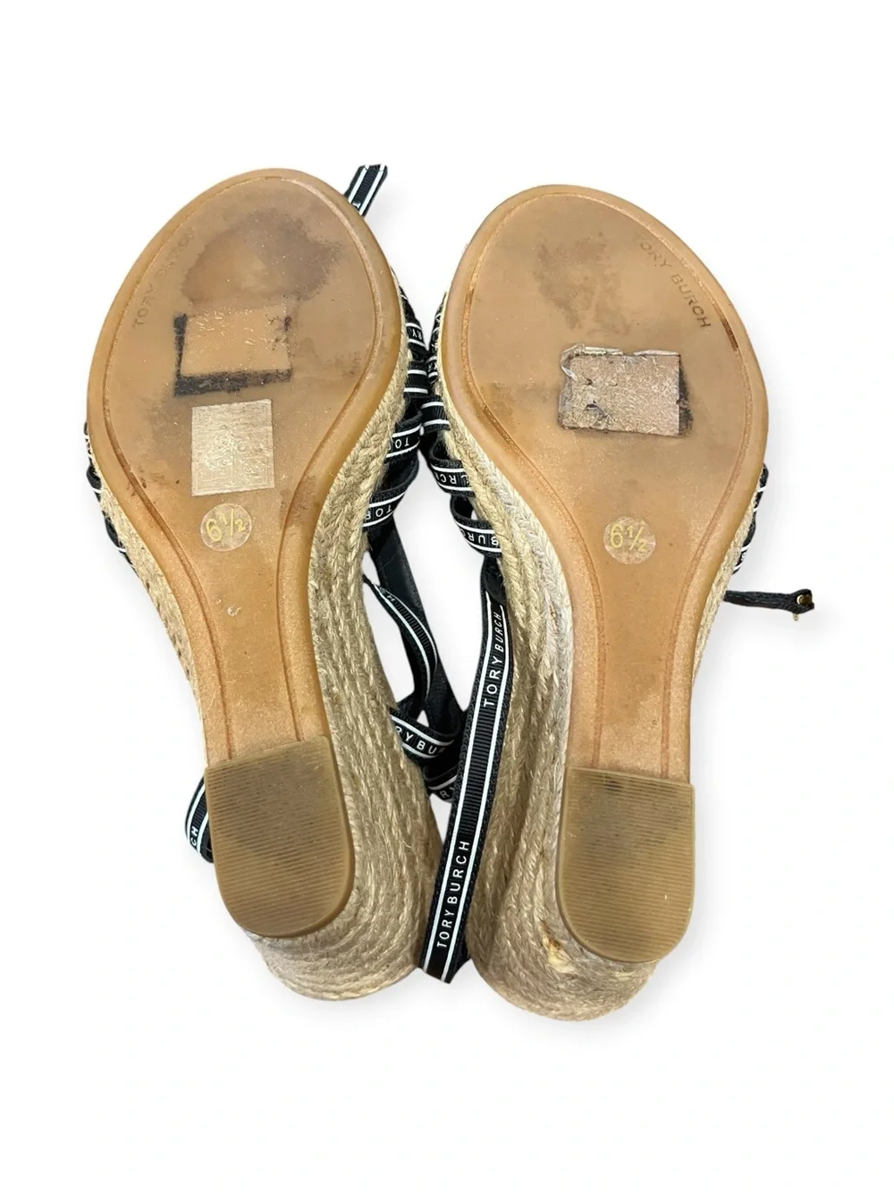TORY BURCH Perfect Navy/New Ivory Ribbon Wedge Espadrilles